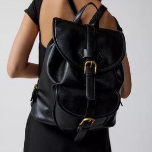 Urban Outfitters UO Indie Faux Sleek Black Leather Backpack with Gold Accents